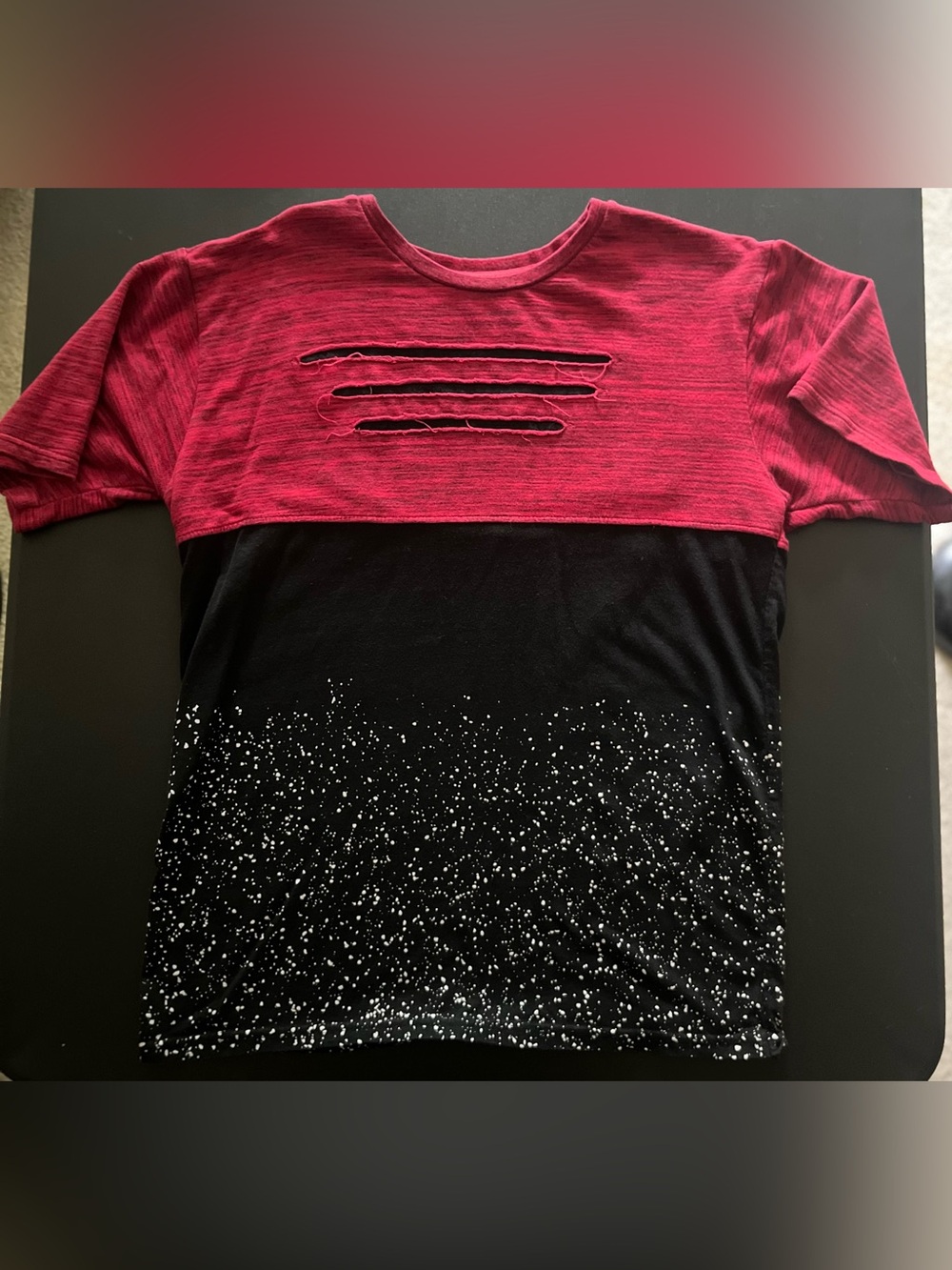 Men's Red and Black Short Sleeve Colorblock Tee with Distressed Detail